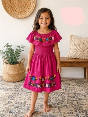 Mexican traditional floral Embroidered Dress Pink Floral Off Shoulder Fiesta 5T